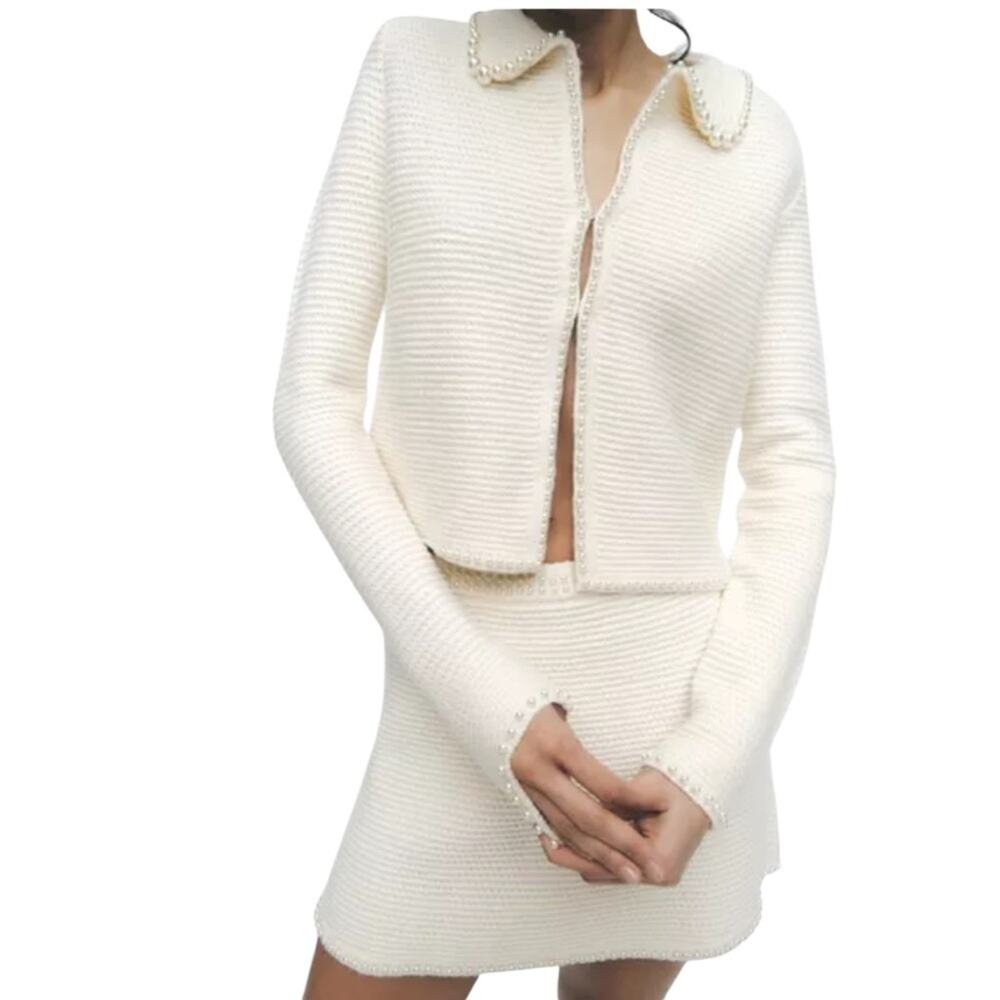 KNIT CARDIGAN AND SKIRT WITH FAUX PEARLS IVORY SIZE SMALL